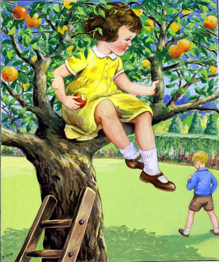 Girl in an Orange Tree (Original) (Signed) art by E V Abbott Art at The Illustration Art Gallery
