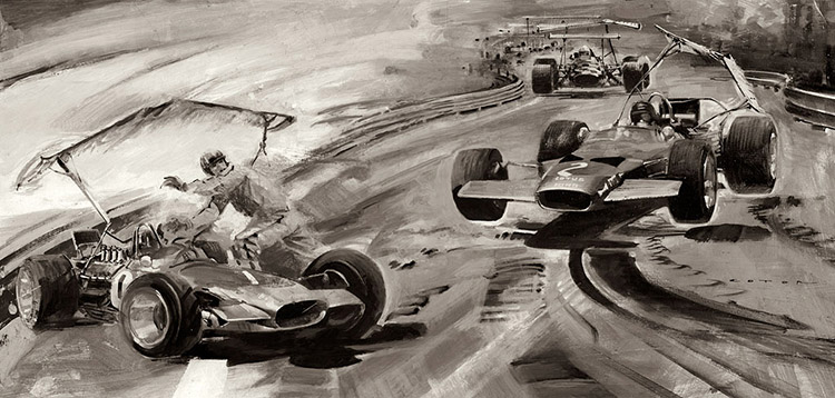 Graham Hill Crashes in the German Grand Prix 1969 (Original) (Signed) by Graham Coton at The Illustration Art Gallery