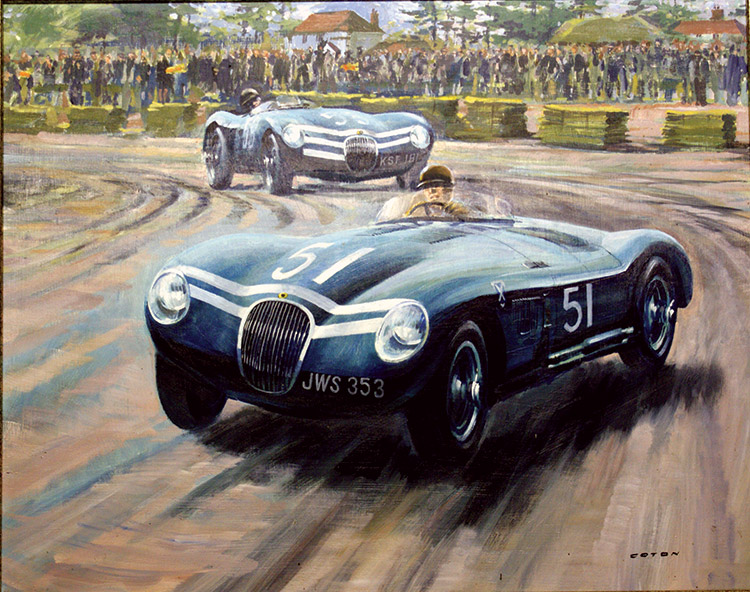 Jaguar Type C raced by Ian Stewart (Original) (Signed) by Graham Coton at The Illustration Art Gallery
