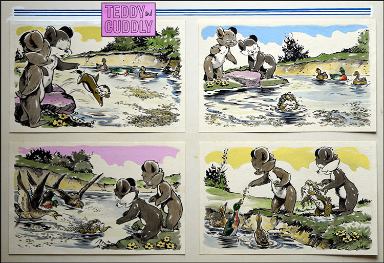 Teddy and Cuddly Feed the Ducks (Original) by Bert Felstead at The Illustration Art Gallery