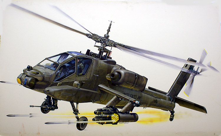 Boeing Apache AH-64 attack helicopter (Original) (Signed) by Keith Fretwell at The Illustration Art Gallery