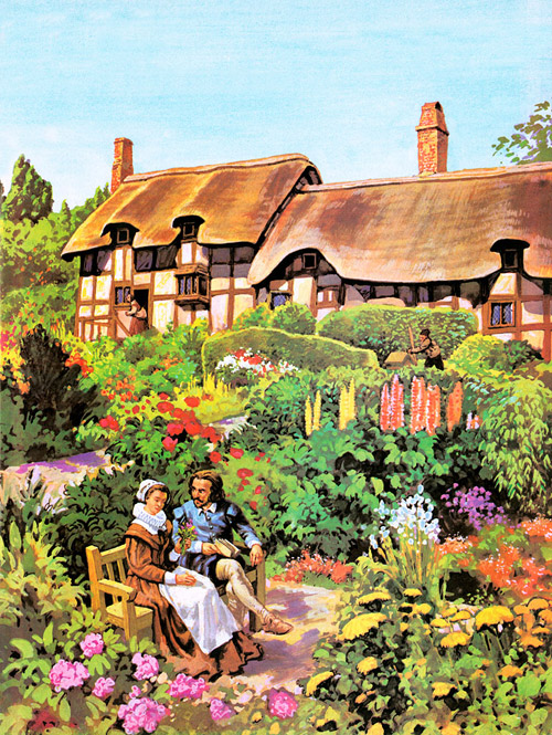 William Shakespeare and Anne Hathaway's Cottage (Original) by Harry Green Art at The Illustration Art Gallery