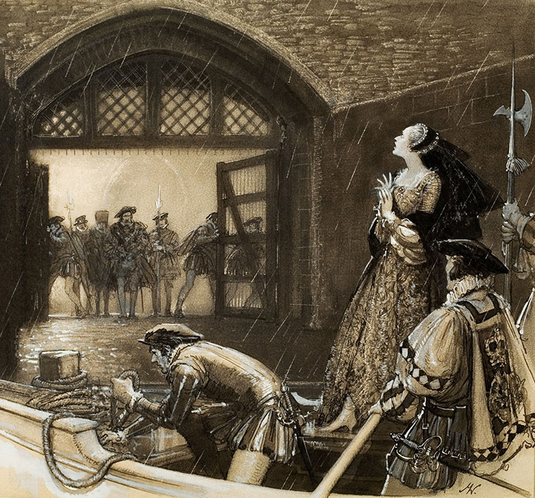 Ann Boleyn arrives at The Traitor's Gate (Original) (Signed) by John Millar Watt Art at The Illustration Art Gallery