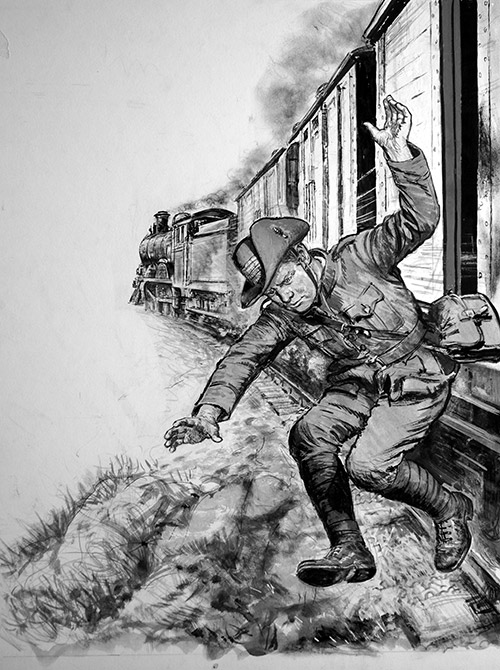 Winston Churchill Escapes The Boers (Original) by Ken Petts Art at The Illustration Art Gallery